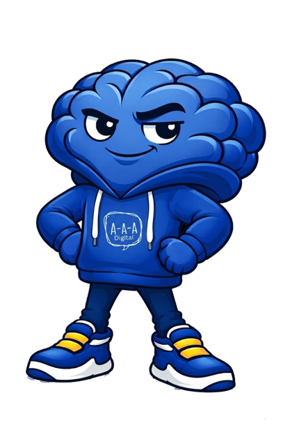 AAA Digital mascot — a confident blue brain character pointing at the call-to-action